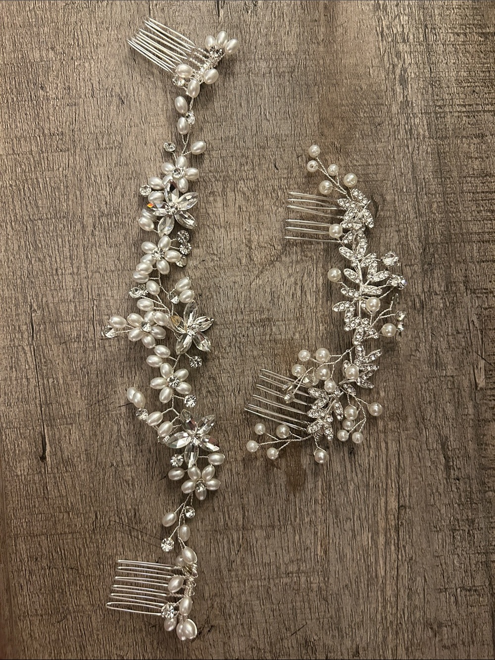 2 Pearl and Crystal Bridal Hair Vine Set - Silver